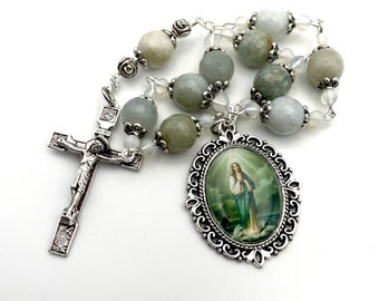 Stella Maris, Star of the Sea, AAA Burmese Jade + White Opal Precious Gemstone Tenner Chaplet One Decade Pocket Rosary | Rose Crucifix