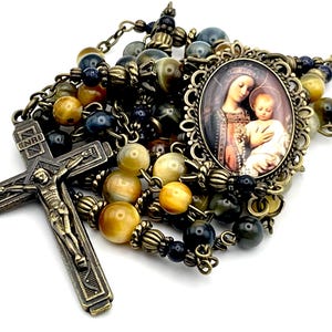 Madonna + Child, Our Lady + Infant Jesus Heirloom AAA Dream Tiger Eye Gemstone Rosary | Bronze Fittings, Details, and Fatima Vine Crucifix
