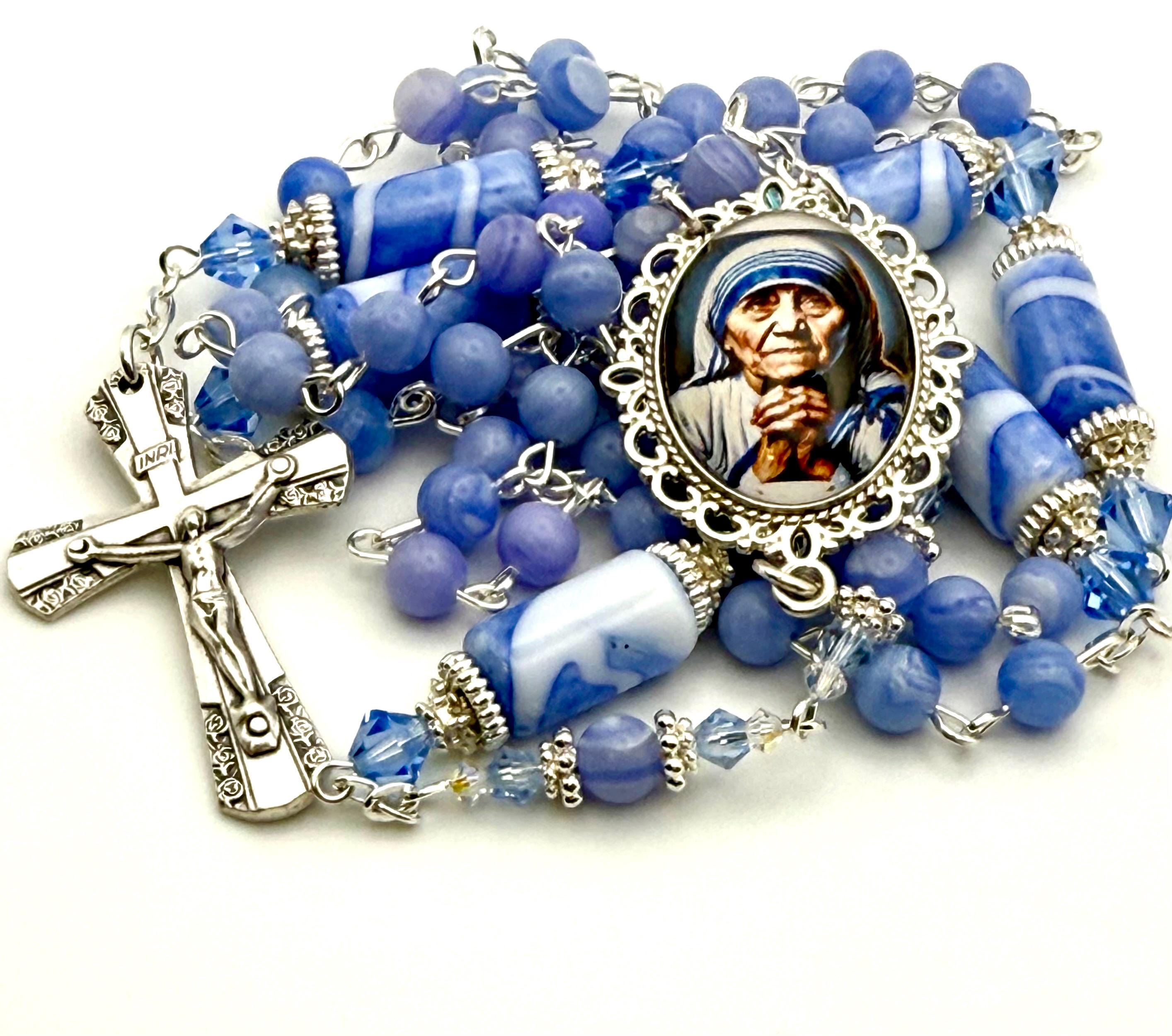 St. Mother Teresa of Calcutta Heirloom Rosary | Vintage Blue Striped ...