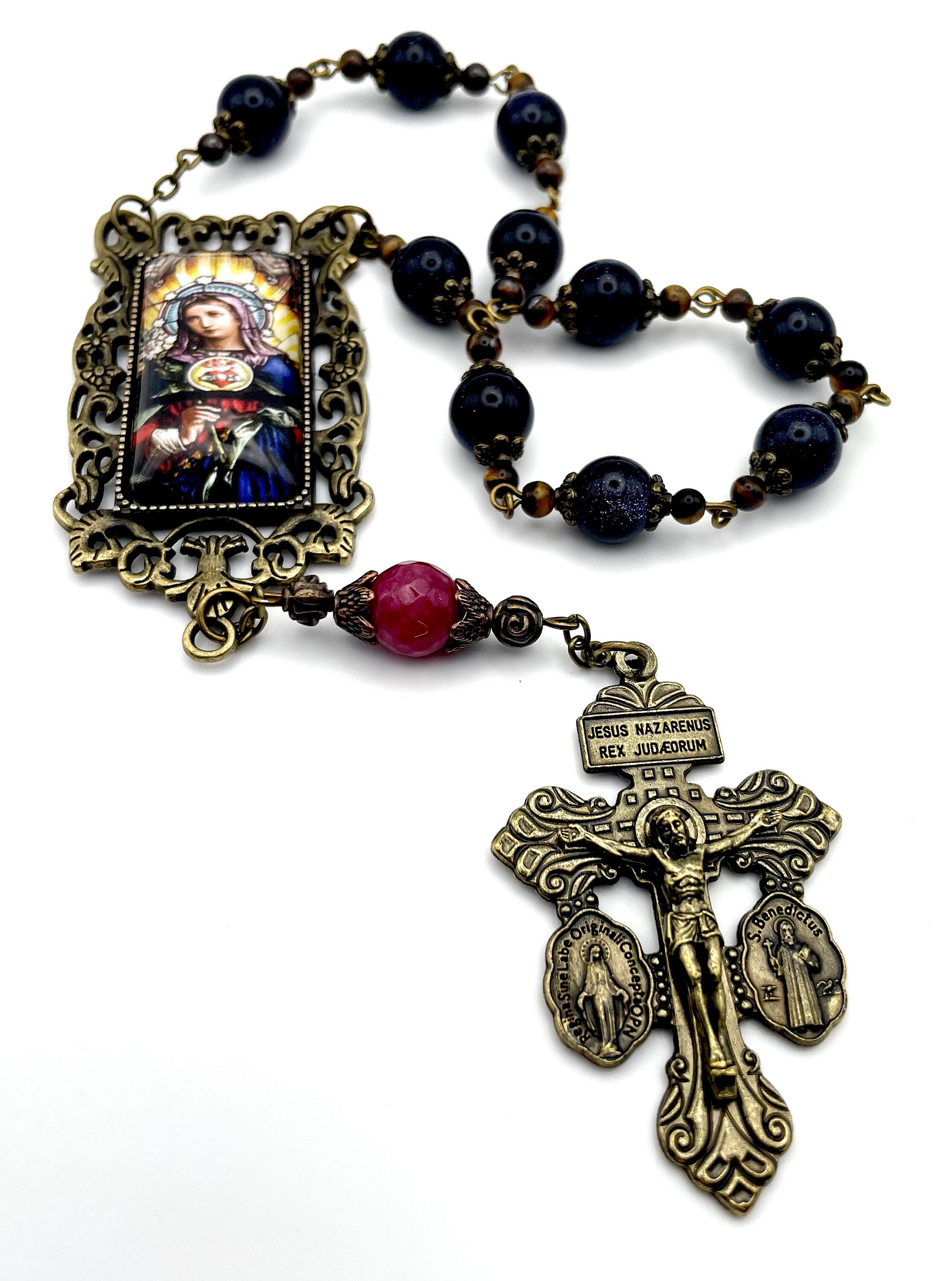 One Decade Ruby Blue Sandstone, Ruby, Tiger Eye Gemstone Single Decade Rosary ...