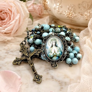 Rare Robin’s Egg Terra Agate Aqua AAA Gemstone Praying Madonna Our Lady Queen of Heaven Heirloom Handmade Rosary | Bronze Crucifix, Crystals