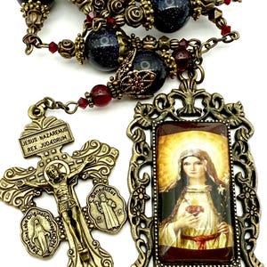 Large, Ornate Immaculate Sacred Heart of Mary Heirloom Tenner Chaplet One Decade Rosary | AAA Garnet, Blue Sandstone | Bronze, Swarovski