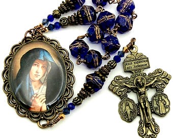 Sorrowful Mother Our Lady of Sorrows Servite or Tenner Chaplet Handmade Heirloom Rosary | Shimmery Blue Czech Beads, Double Pardon Crucifix