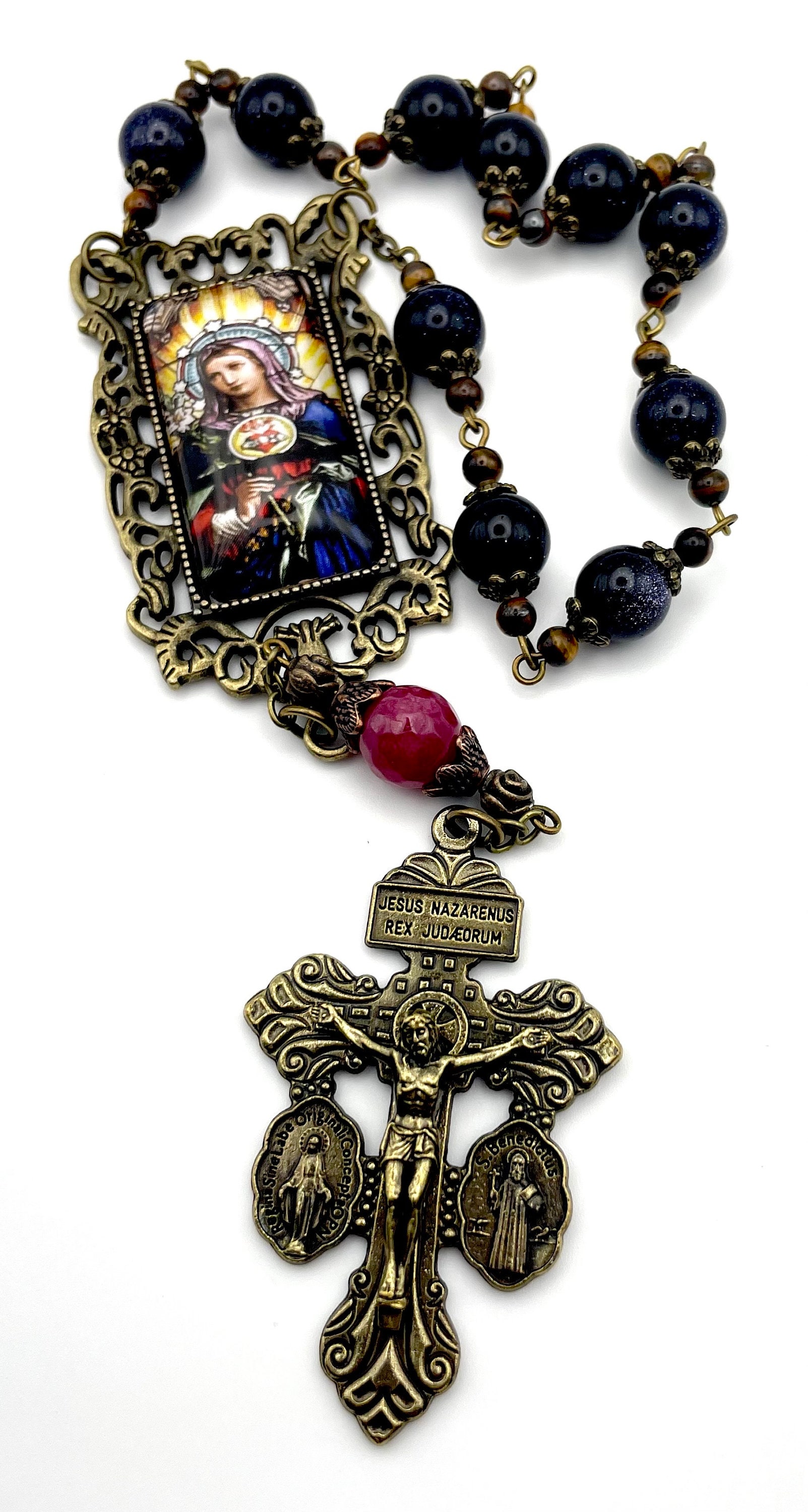 One Decade Ruby Blue Sandstone, Ruby, Tiger Eye Gemstone Single Decade Rosary ...
