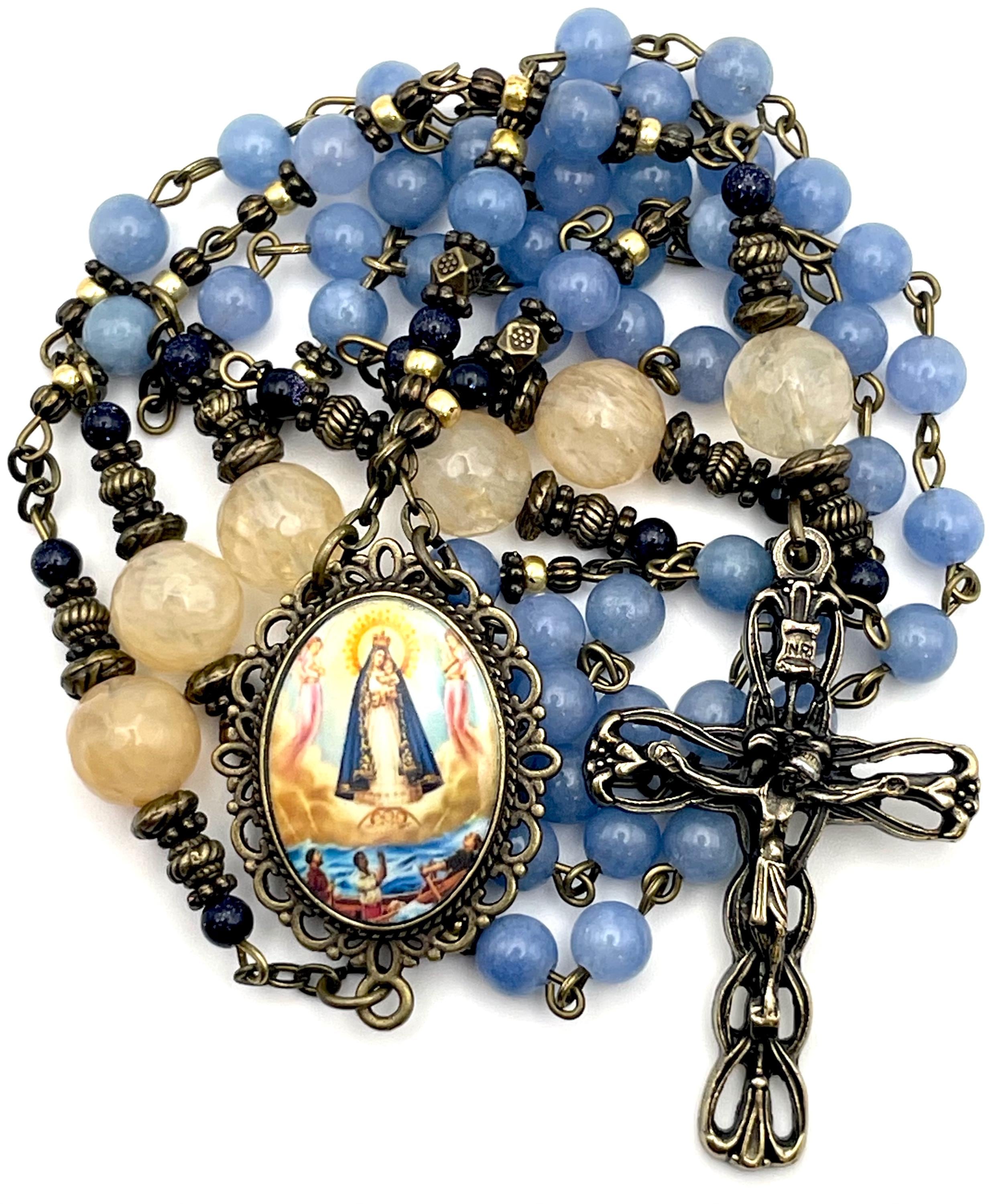 Traditional Portrait Our Lady of Charity Heirloom Handmade Rosary | AAA Kyanite, Blue Sandstone Gemstone | Bronze  Embellishments + Crucifix