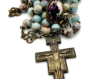Heirloom Saint Francis of Assisi Glass Encased Centerpiece + Franciscan Crucifix With Prayer Inscription Rosary l Imperial Snakeskin Jasper