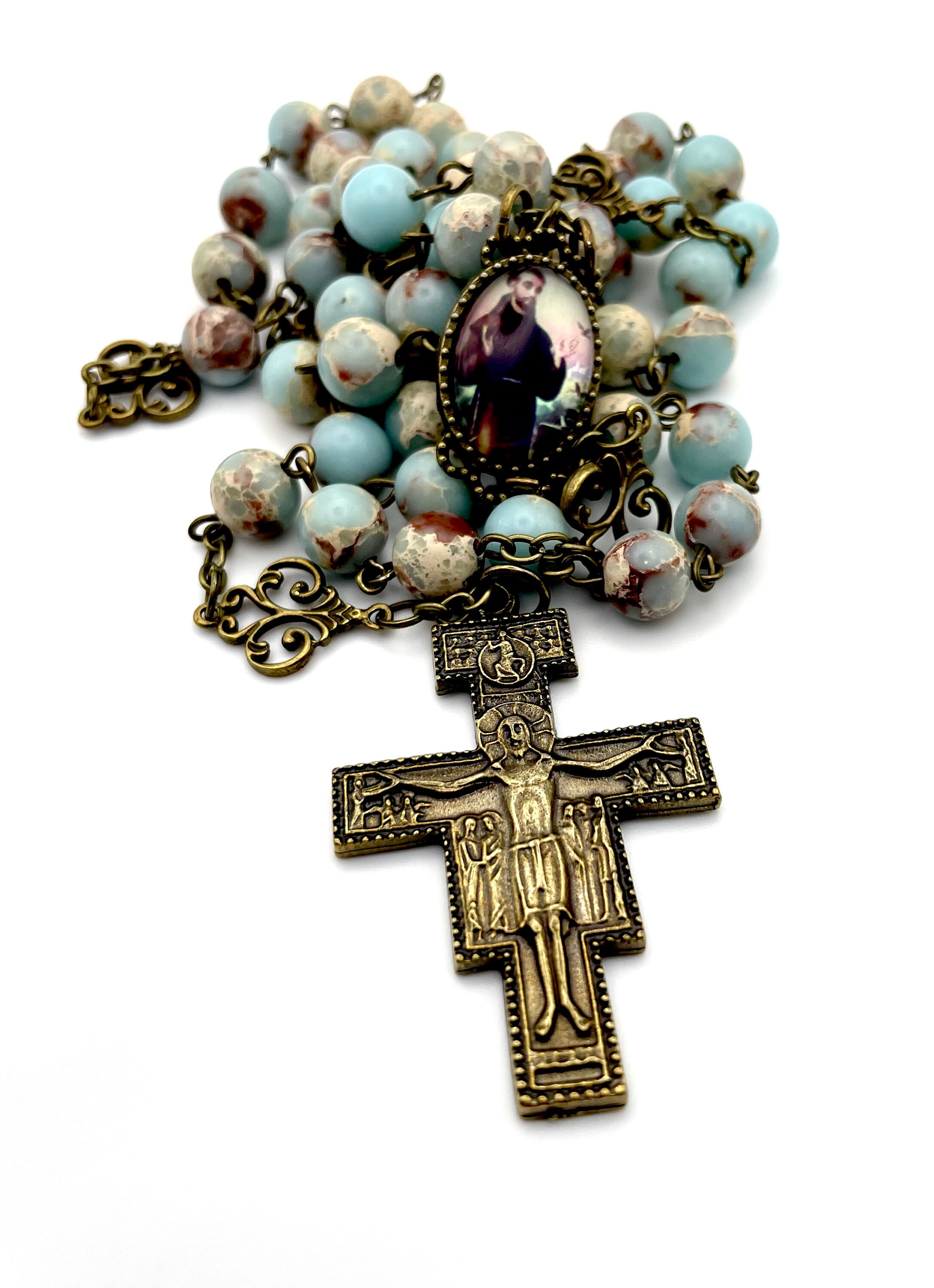 Heirloom Saint Francis of Assisi Glass Encased Centerpiece + Franciscan Crucifix With Prayer Inscription Rosary l Imperial Snakeskin Jasper