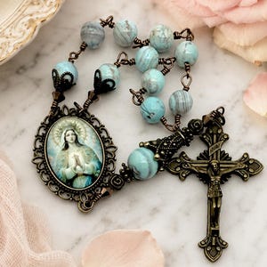 Rare Robin’s Egg Terra Agate Aqua Handwrapped Praying Madonna Our Lady Queen of Heaven Heirloom One Decade Tenner Rosary | Bronze Crucifix