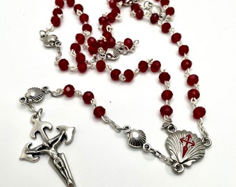 Saint James Crucifix, Scallop Shell Pilgrimage Centerpiece w/St. James and +, Garnet Beads— Camino, Way of St. James, Baptism, Pilgrimage