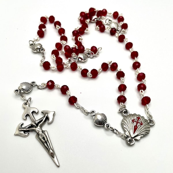 Saint James Crucifix, Scallop Shell Pilgrimage Centerpiece w/St. James and +, Garnet Beads— Camino, Way of St. James, Baptism, Pilgrimage