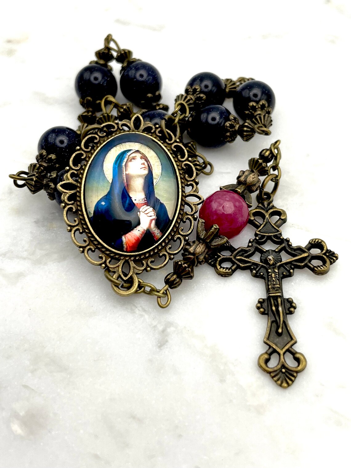 One Decade Ruby Our Lady of 7 Sorrows Marian, AAA Ruby + Blue Sandstone Gemstone Tenner ...