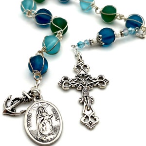 Stella Maris Unsere Liebe Frau Stern des Meeres Wirewrapped Tenner Chaplet Ein Jahrzehnt Rosenkranz Silberkruzifix, Ankeranhänger, Kristallverzierungen