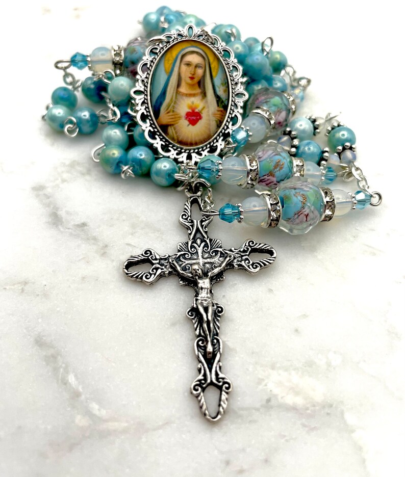 Immaculate Heart of Mary Rosary | Rose Lampwork Crystal + Marbled Glass ...
