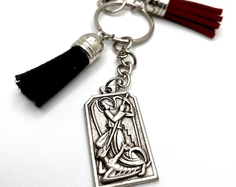 Saint Michael the Archangel, Defend Us In Battle, Pray for Us, Protection Against Evil Keychain With Garnet and Black Tassels, Catholic Gift