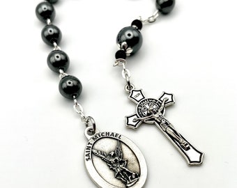 Most Popular Item! Saint Michael Tenner Chaplet One Decade Rosary, St. Benedict Medal Crucifix, Heavy Genuine Hematite Beads- Back By Demand