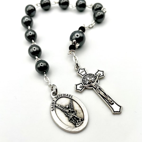 Most Popular Item! Saint Michael Tenner Chaplet One Decade Rosary, St. Benedict Medal Crucifix, Heavy Genuine Hematite Beads- Back By Demand