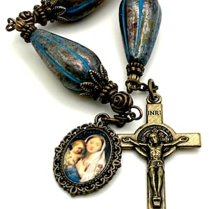 Our Lady Madonna and Jesus 3 Hail Mary Chaplet | Bronze St. Benedict Medal Crucifix