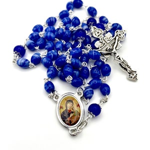 Our Lady of Perpetual Help Traditional Icon Centerpiece Rosary With Unique Shaped Blue and White Striped Glass Beads + Silver Crucifix