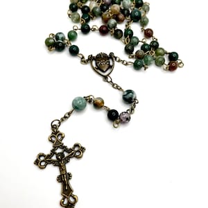 Sacred Heart of Jesus + Immaculate Heart of Mary Genuine Indian Agate Gemstone Rosary With Bronze Ornate Crucifix