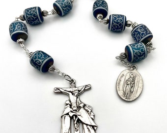 Vintage St. Monica + St. Augustine Medal Tenner Chaplet One Decade Pocket Rosary With St. John + Our Lady at Crucifix, Ornate, Heavy Beads