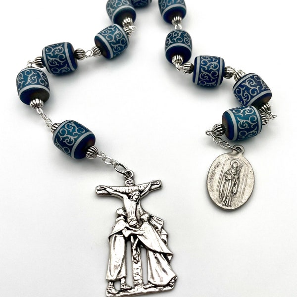 Vintage St. Monica + St. Augustine Medal Tenner Chaplet One Decade Pocket Rosary With St. John + Our Lady at Crucifix, Ornate, Heavy Beads