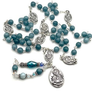 Seven Sorrows Servite Chaplet Rosary | Our Lady 7 Sorrows | AAA Blue Chalcedony Swarovski Crystals | Choice of Silver Bronze Sorrow Images