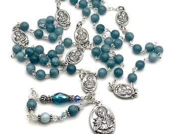 Seven Sorrows Servite Chaplet Rosary | Our Lady 7 Sorrows | AAA Blue Chalcedony Swarovski Crystals | Choice of Silver Bronze Sorrow Images