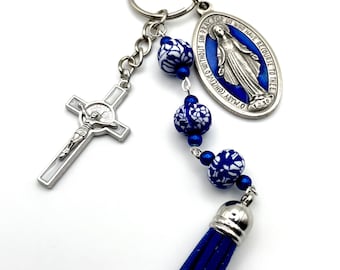 Three Hail Mary + Miraculous Medal Devotional Keychain With Clip, Beautiful Floral Beads, White Enamel Inlay Saint Benedict Medal Crucifix