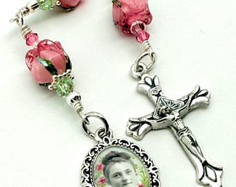 St. Therese of Lisieux Carmelite ‘Little Flower’ 3 Hail Mary Heirloom Chaplet | Handmade Lampwork Beads, Swarovski Crystals, Silver Crucifix