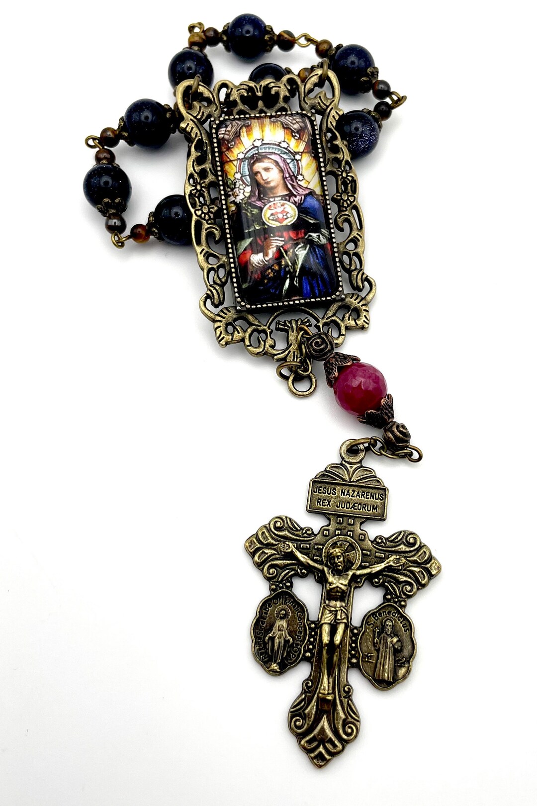 Blue Sandstone, Ruby, Tiger Eye Gemstone Single Decade Rosary