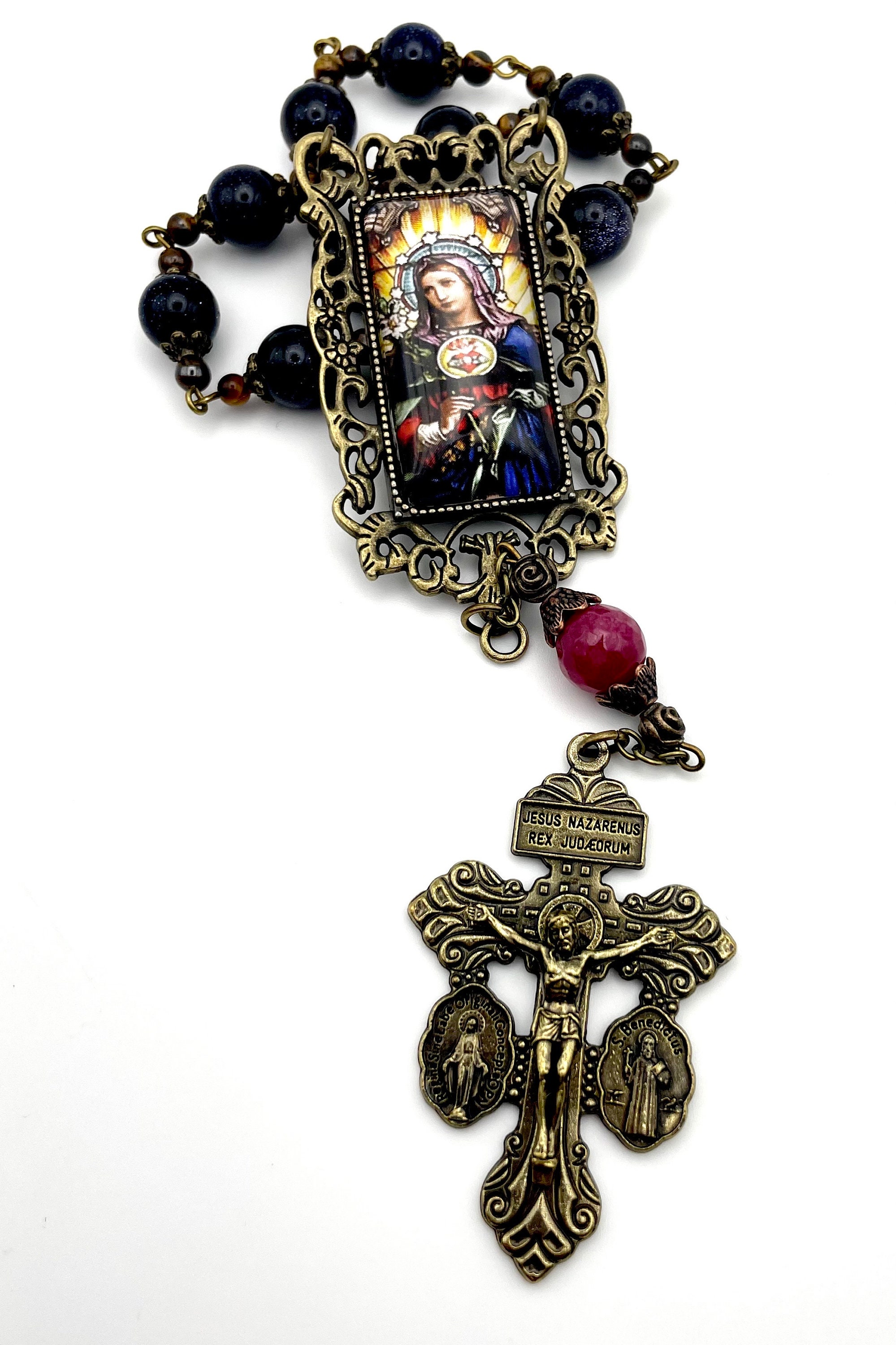 One Decade Ruby Blue Sandstone, Ruby, Tiger Eye Gemstone Single Decade Rosary ...
