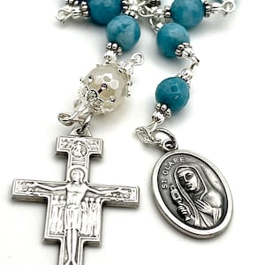 Heilige Klara + Franz von Assisi Franziskaner Tenner Chaplet One Decade Rosenkranz | Jade Edelsteine | San Damiano Kruzifix St. Franziskus Lateinisches Gebet