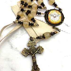Come Holy Spirit Dove Centerpiece Tenner Chaplet One Decade Pocket Rosary | AAA Champagne Quartz | Bronze Pardon Crucifix | Heirloom Gift