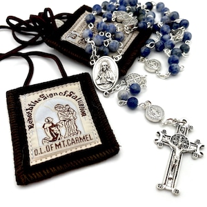 Rosario Escapulario Marrón con Piedra Preciosa de Mancha Azul Genuina - Nuestra Señora Monte Carmelo, Centro del Sagrado Corazón de Jesús + Crucifijo de Medalla de San Benito Adornado