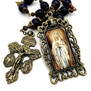 Our Lady of Lourdes Heirloom Quality Tenner Chaplet One Decade Pocket Rosary With Bronze Embellishments + Double Pardon Crucifix Gemstones