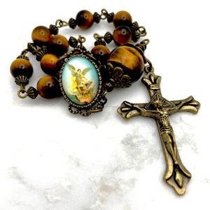 Saint Michael the Archangel AAA Tiger Eye Precious Gemstone Tenner Chaplet One Decade Pocket Rosary | Bronze Crucifix | Heirloom | Handmade