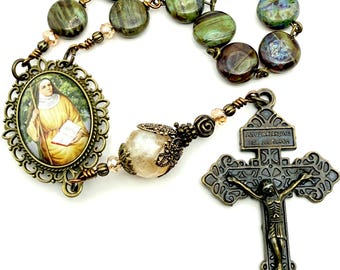 Saint Monica Relic Heirloom Single Decade Tenner Chaplet Wire Wrapped Rosary | Coin Handmade Czech Glass Beads | Bronze Pardon Crucifix
