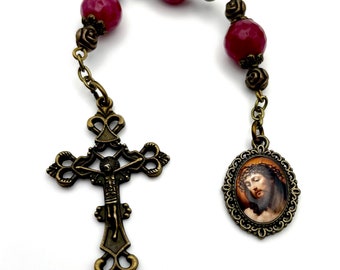 Ecce Homo- AAA Ruby Gemstone Three Hail Mary Chaplet With Stunning Crown of Thorns Devotional Medal Ornate Vintage Crucifix, Passionist