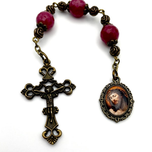 Ecce Homo- AAA Ruby Gemstone Three Hail Mary Chaplet With Stunning Crown of Thorns Devotional Medal Ornate Vintage Crucifix, Passionist