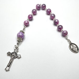 Purple and Silver Glass Beaded Tenner Chaplet One Decade Rosary With Miraculous Medal and St. Benedict Medal Crucifix
