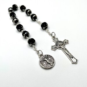 Black + Silver Czech Cathedral Beads St. Benedict Devotional Tenner Chaplet Rosary, Matching St. Benedict Crucifix- Protection Against Evil