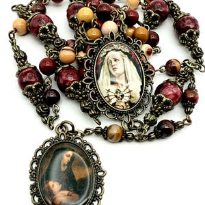 Seven Sorrows Servite Chaplet Heirloom Rosary | Our Lady 7 Sorrows Chaplet | AAA Moonkaite Jasper Gemstones | Sorrowful Mother | Bronze