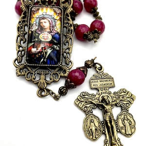 Heirloom Quality Ruby Gemstone Single Decade Rosary | Stunning Immaculate Heart of Mary | Pardon Crucifix, Miraculous, Saint Benedict Medal