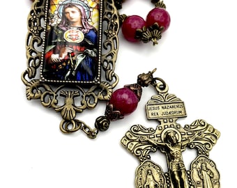 Heirloom Quality Ruby Gemstone Single Decade Rosary | Stunning Immaculate Heart of Mary | Pardon Crucifix, Miraculous, Saint Benedict Medal