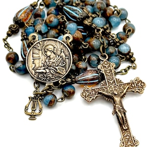 Saint Cecilia Lake Blue Cloisonne Gemstone Solid Bronze Heirloom Rosary | Antique Handcast Bronze Center Sacred Heart Crucifix | Music Saint