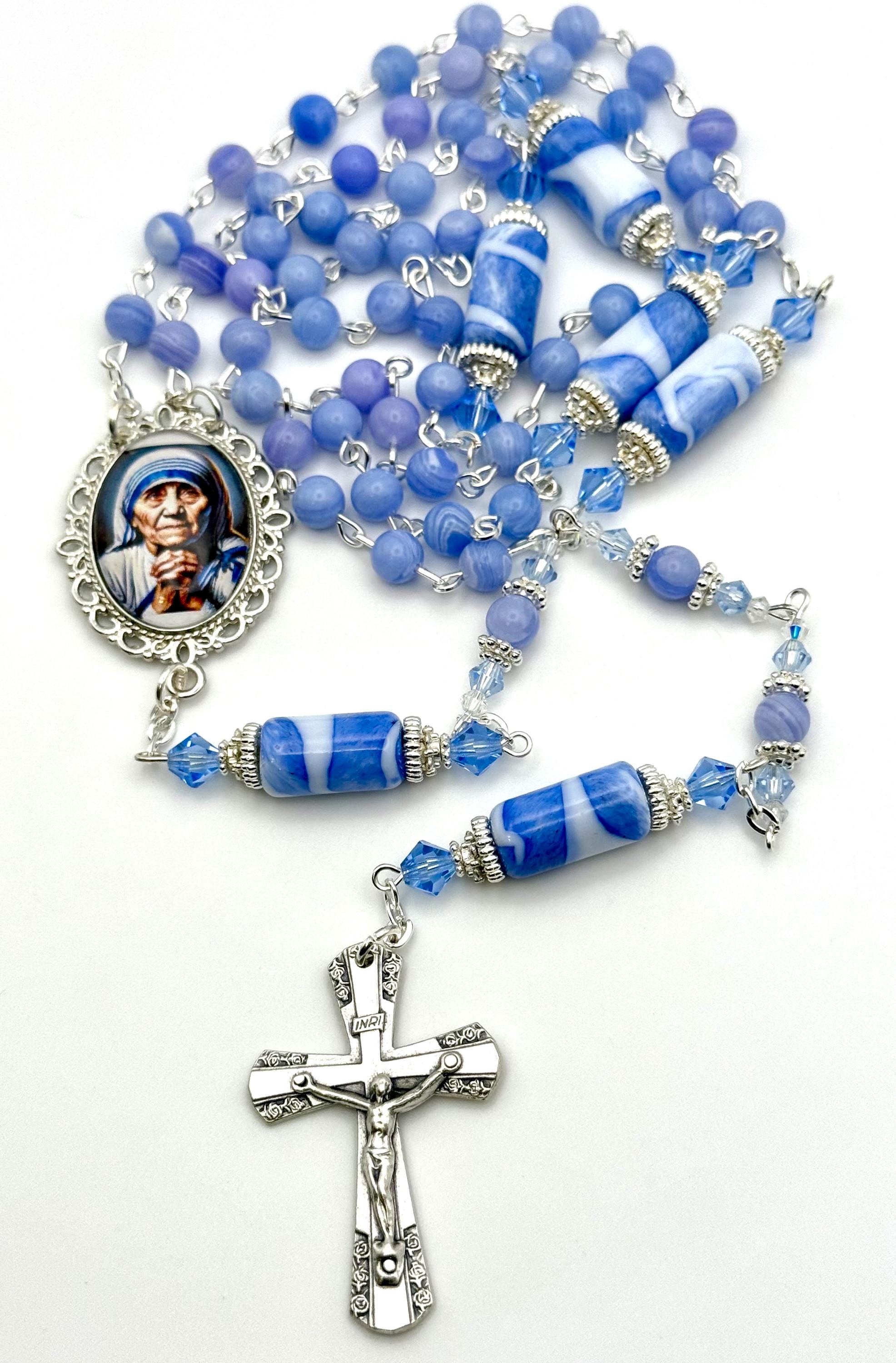 St. Mother Teresa of Calcutta Heirloom Rosary | Vintage Blue Striped ...