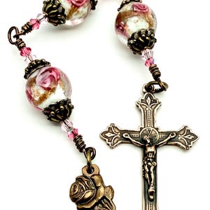 Heirloom Wire-Wrapped Three Hail Mary Chaplet | Bronze Crucifix | Our Lady of Grace Rose Miraculous Medal | Handmade Lampwork Rose Beads