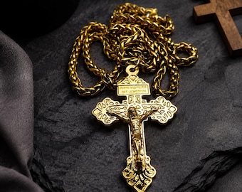 Gold Pardon Crucifix Pendant Chain Necklace | Catholic Jewelry | Christian Jewelry | Men’s or Unisex Chain Necklace | Cross Jewelry