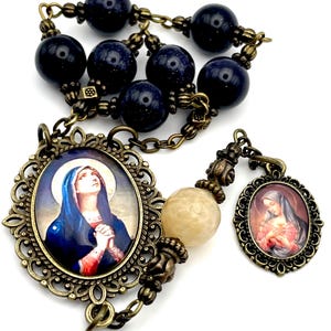 Our Lady of Seven Sorrows Servite Chaplet Pocket Rosary | Blue Sandstone + Champagne Citrine Gemstones | Waterproof Portrait |  Prayer Guide