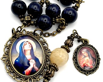 Our Lady of Seven Sorrows Servite Chaplet Pocket Rosary | Blue Sandstone + Champagne Citrine Gemstones | Waterproof Portrait |  Prayer Guide
